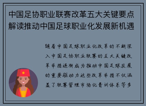 中国足协职业联赛改革五大关键要点解读推动中国足球职业化发展新机遇